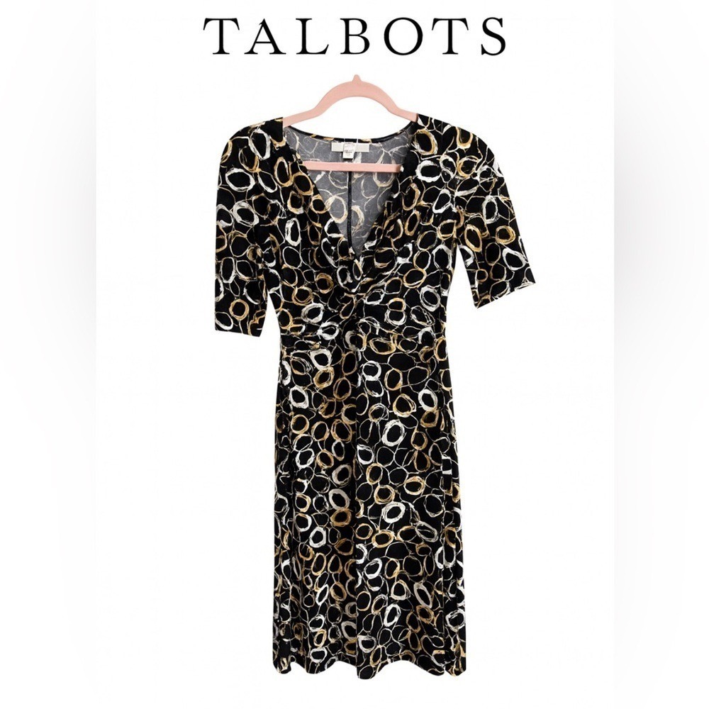 Talbots Faux Wrap Dress Size 10 Black Gold Abstract Print Career Midi